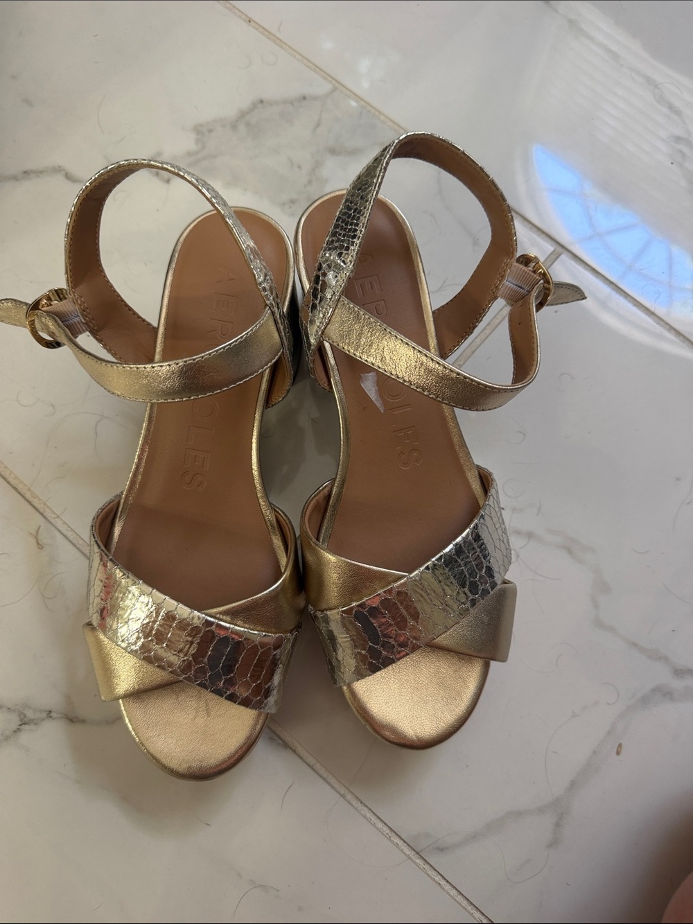 AEROSOLES Gold Metallic Snake-Embossed Wedge Sandals